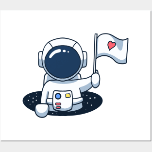 Astronaut Holding a Love Flag Posters and Art